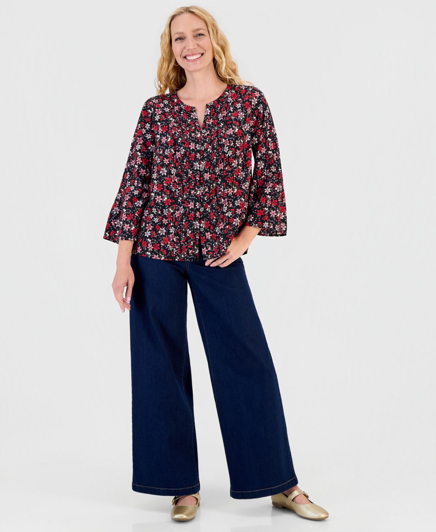 Женская блузка Style & Co Printed Bell-Sleeve Pintuck, цвет: Ditsy Deep — фото 2