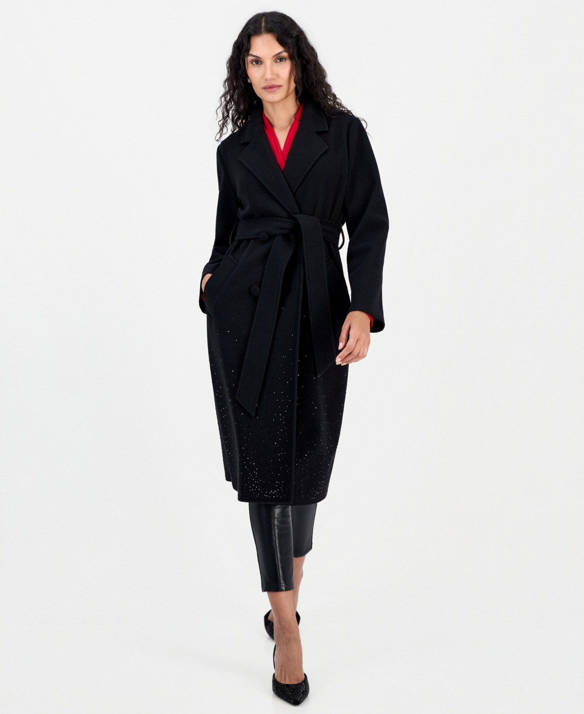 T Tahari Women's Double-Breasted Heatset Embellishment Self Waist Tie Coat - Black