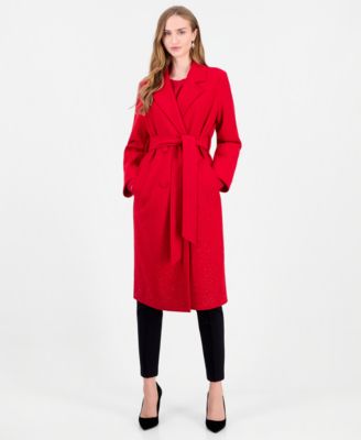 Women's Double-Breasted Heatset Embellishment Self Waist Tie Coat