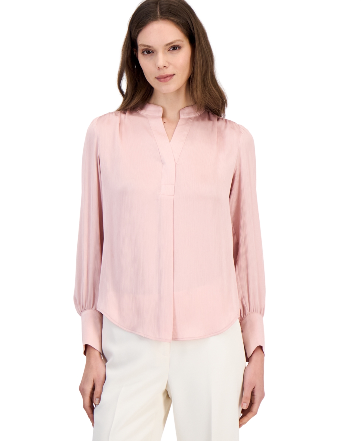 Anne Klein Petite V-Neck Long-Sleeve Pleated Blouse - Pink Blush