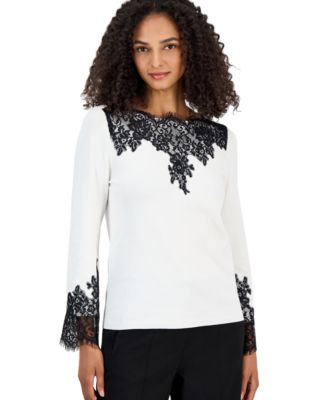 Women's Boat Neck Long-Sleeve Lace Trim Sweater