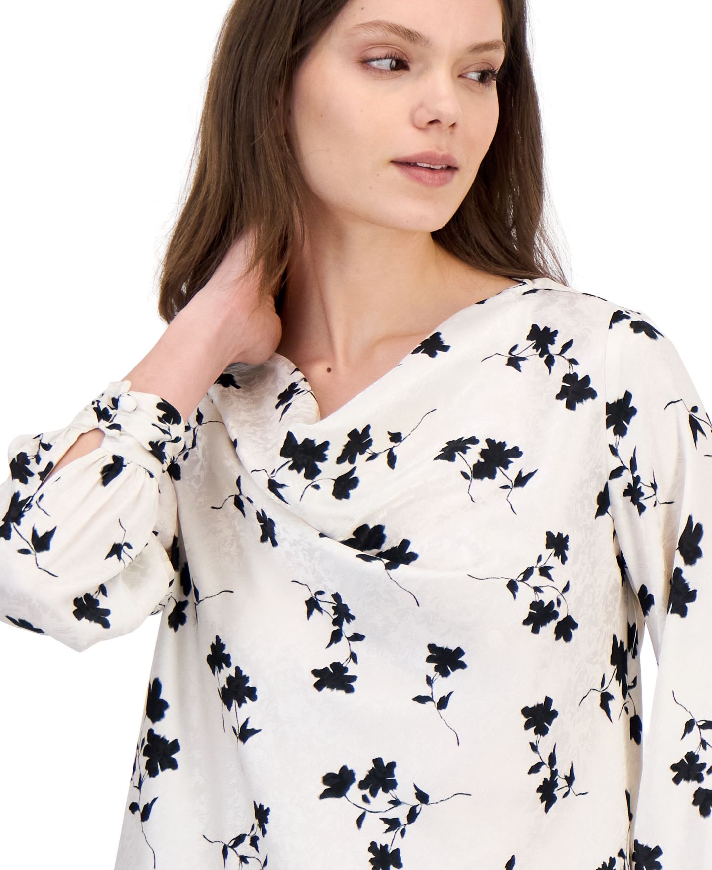 Женская блузка Anne Klein Floral Cowl Neck Long-Sleeve, цвет: Белый разноцветный — фото 3