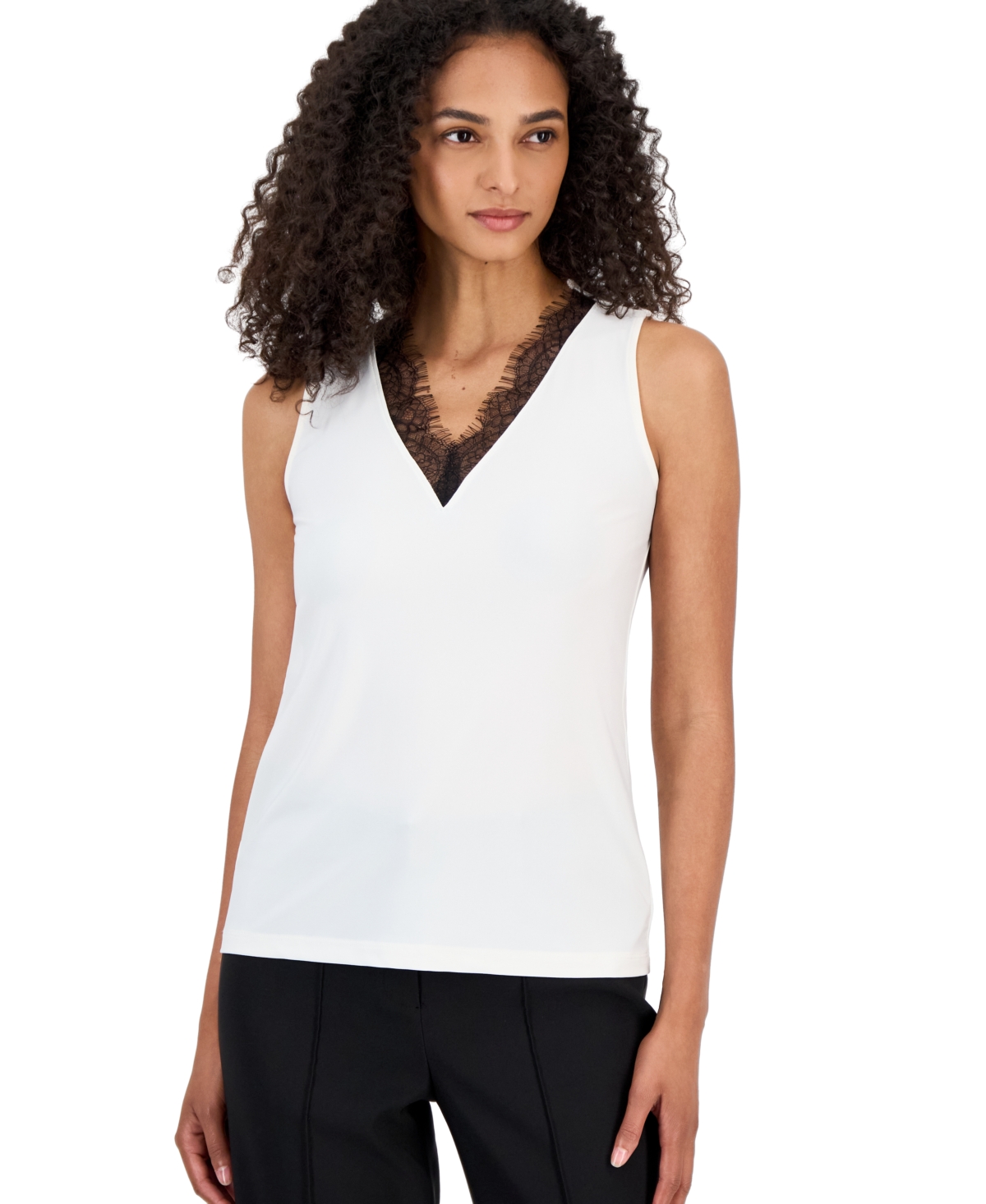 Anne Klein Women's Lace-Trim-v-Neck Tank Top - White Dove/anne Black
