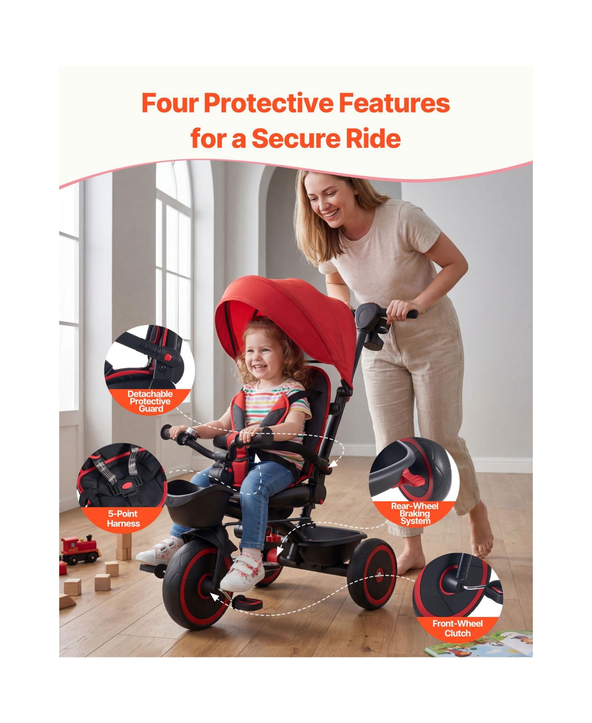 Sevorley 6-in-1 Toddler Tricycle with Parent Push Handle and Canopy, 55 lb Capacity, Ages 1-5