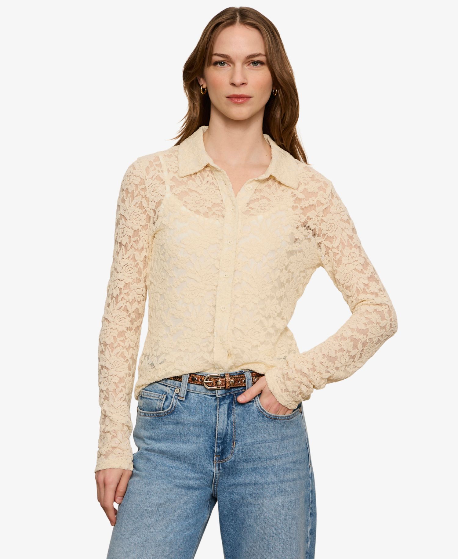 Petite Dreamer Lace Long-Sleeve Button-Up Blouse