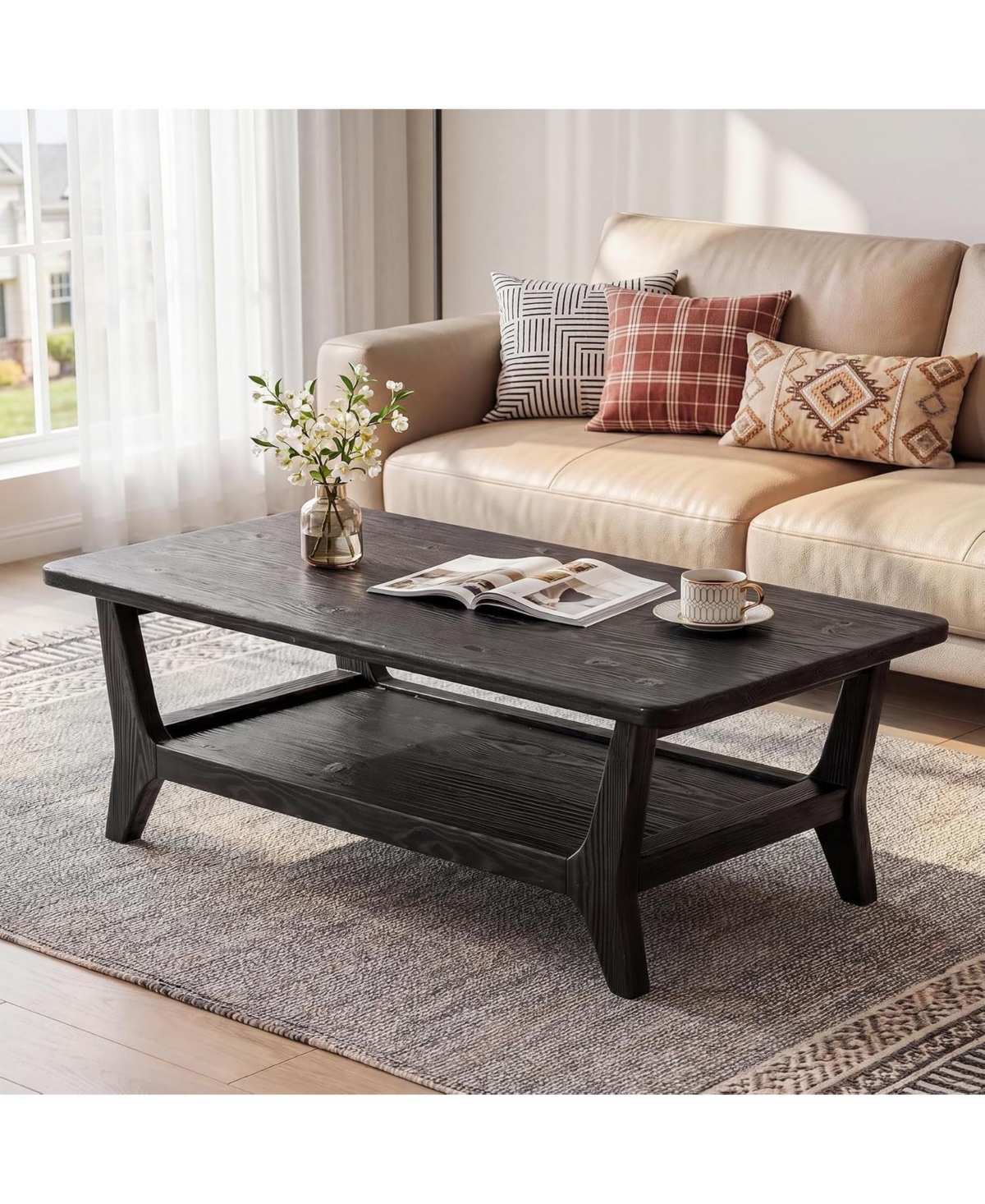 Tribesigns Solid Wood Coffee Table, 47-Inch Living Room Center Table with Shelf, 2-Tier, Smooth Corners, Child-Friendly, Easy Assembly