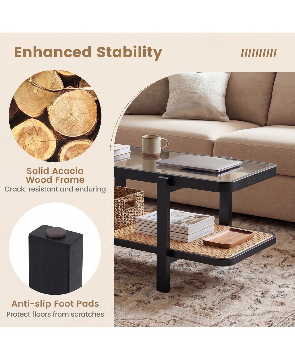 Costway 2-Tier Rustic Coffee Table with Storage Tempered Glass Tabletop Pe Rattan Shelf