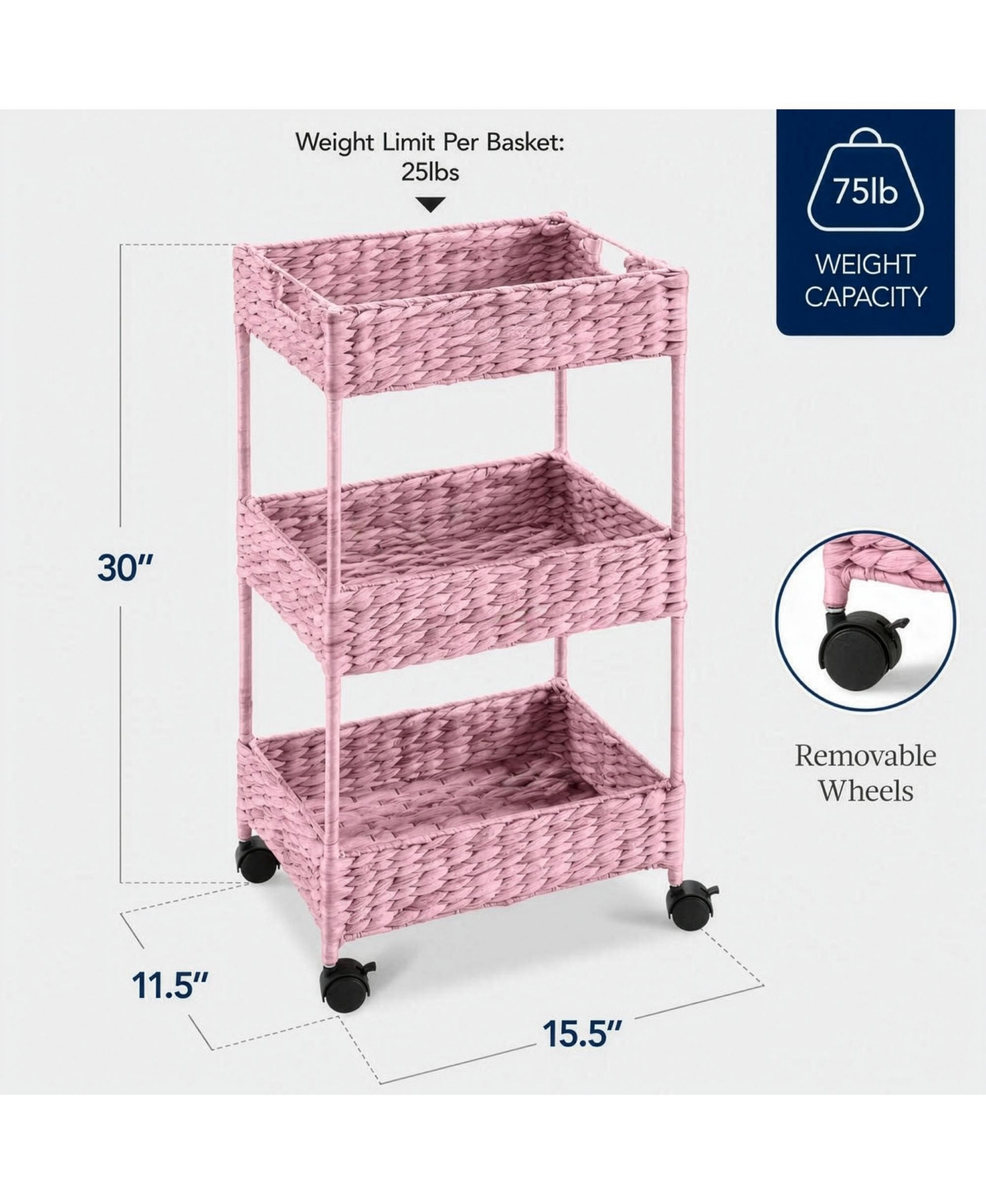 Best Choice Products 3-Tier Water Hyacinth Rolling Utility Cart w/ Weaved Baskets