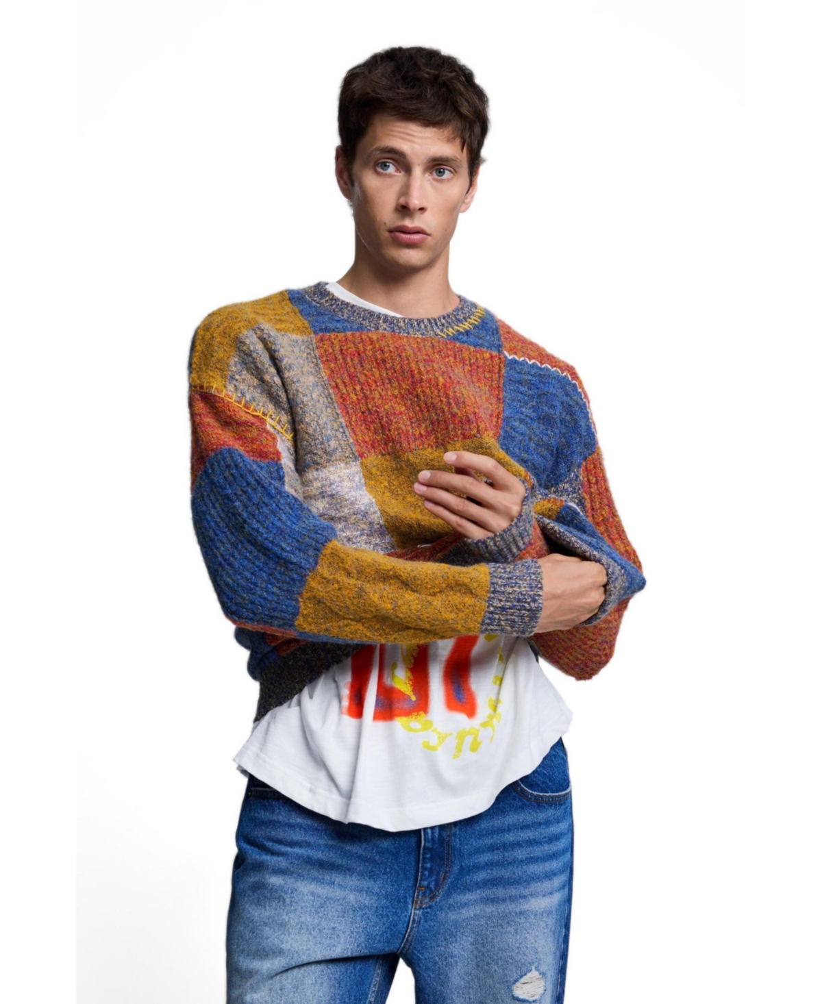 Desigual Men's Chunky-Knit Patchwork Sweater