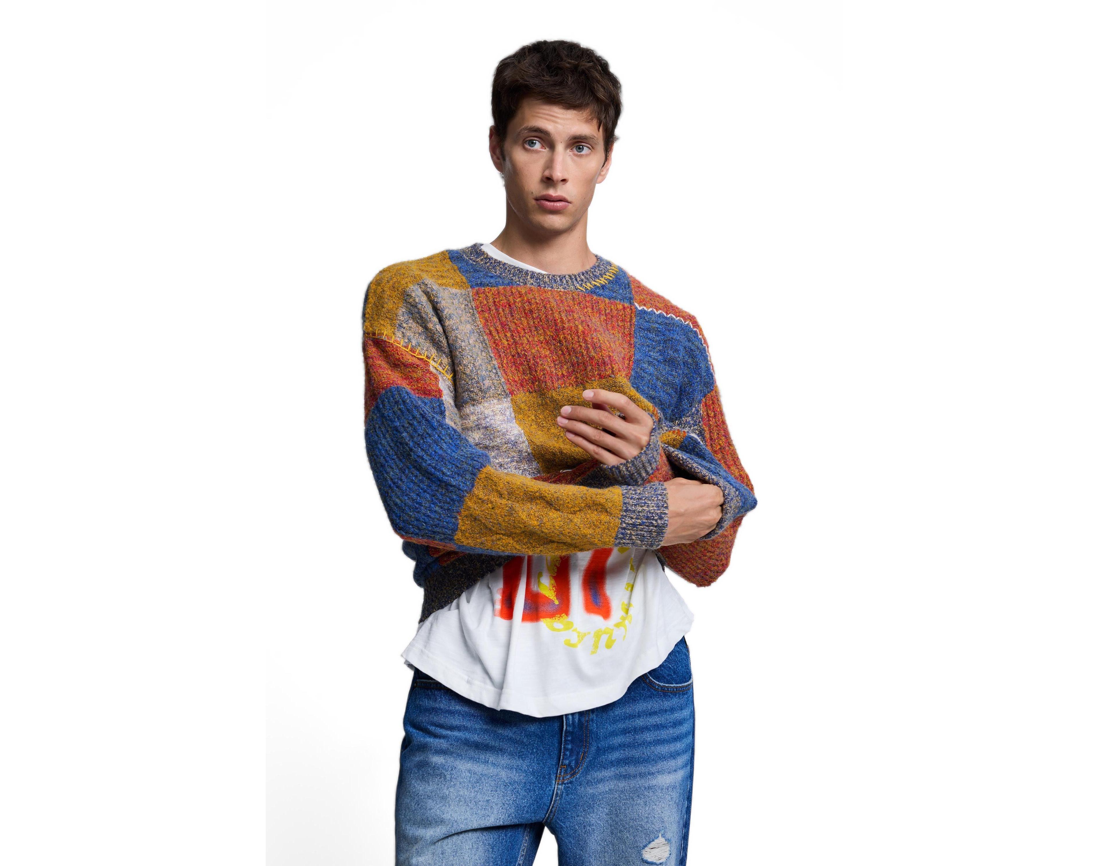 Desigual Men's Chunky-Knit Patchwork Sweater
