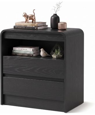 Curved Nightstand with 2 Drawers and Open Shelf, Charging Station, Modern Bedside End Table