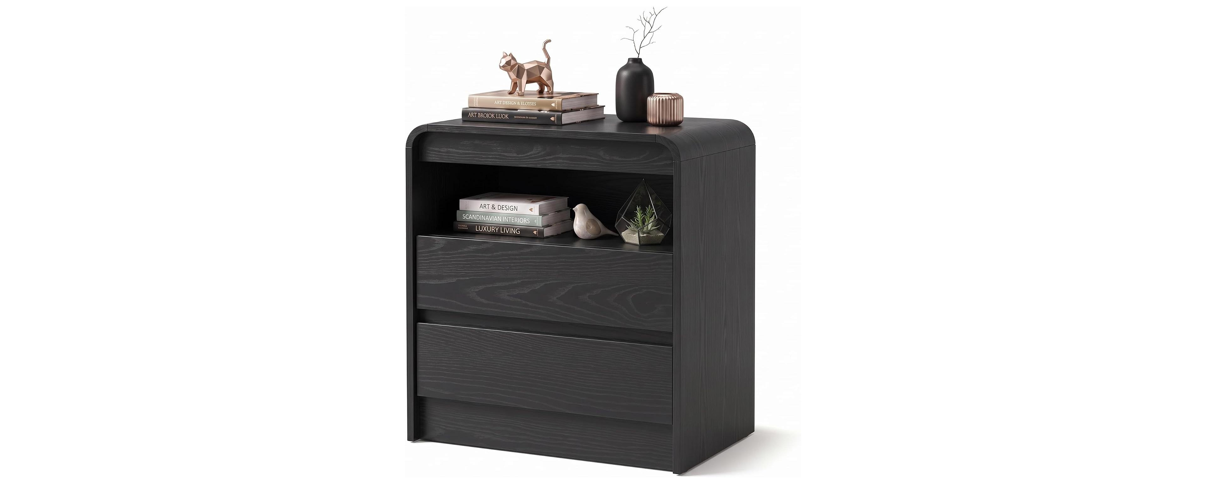 homfan Curved Nightstand with 2 Drawers and Open Shelf, Charging Station, Modern Bedside End Table