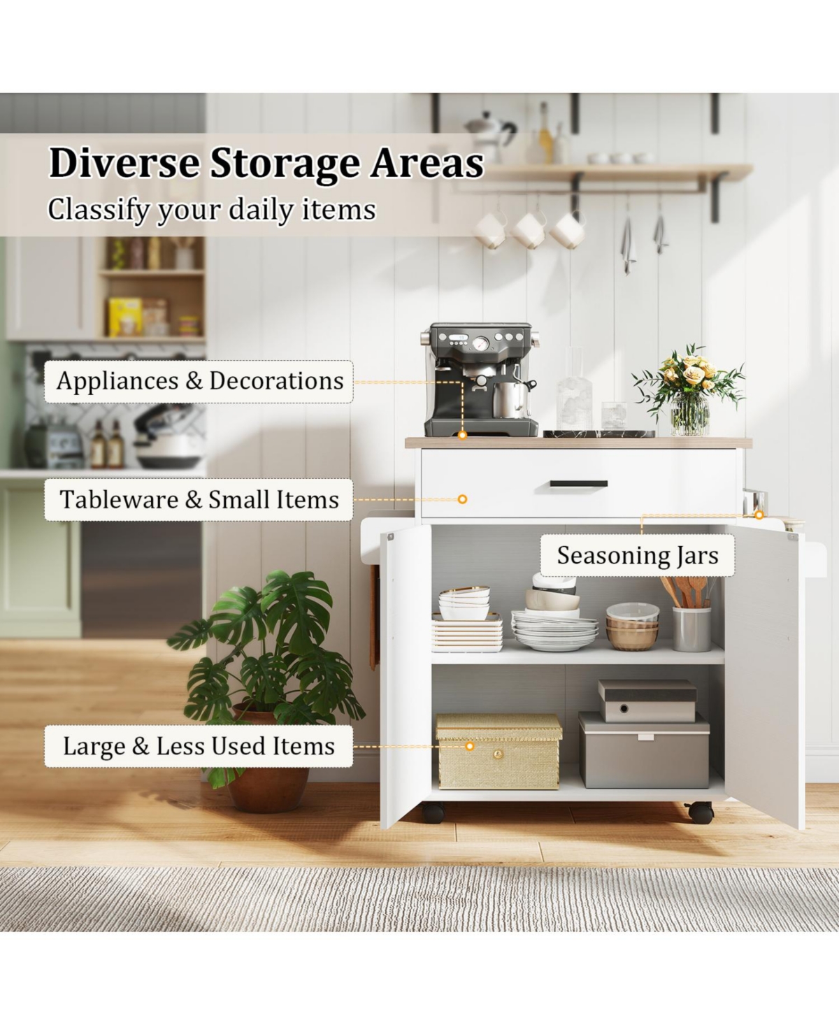 Volenca Rolling Kitchen Island Cart with Storage Shelves and Casters