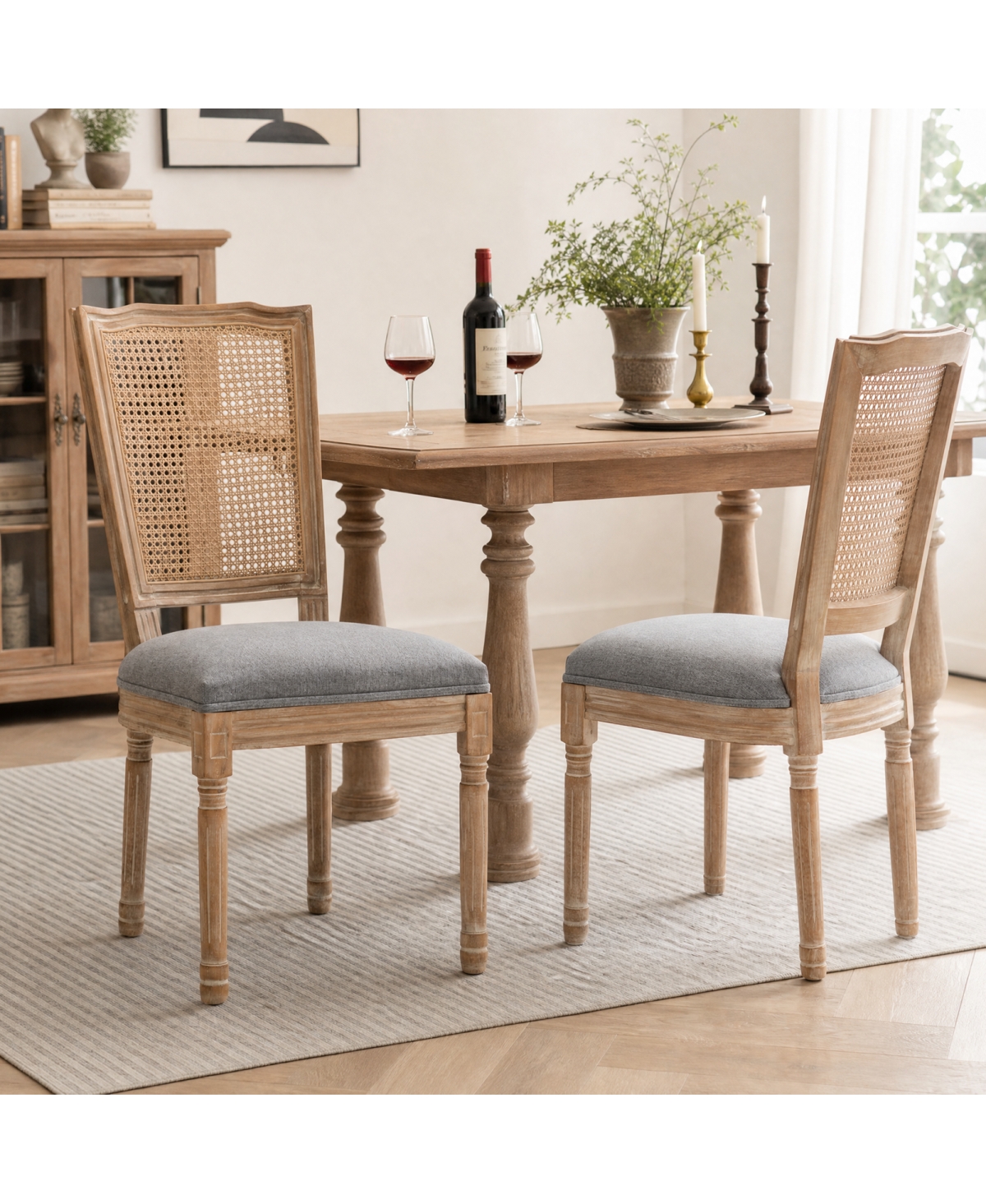Streamdale Furniture Farmhouse Solid Wood Linen and Rattan Dining Chairs, Set of 2