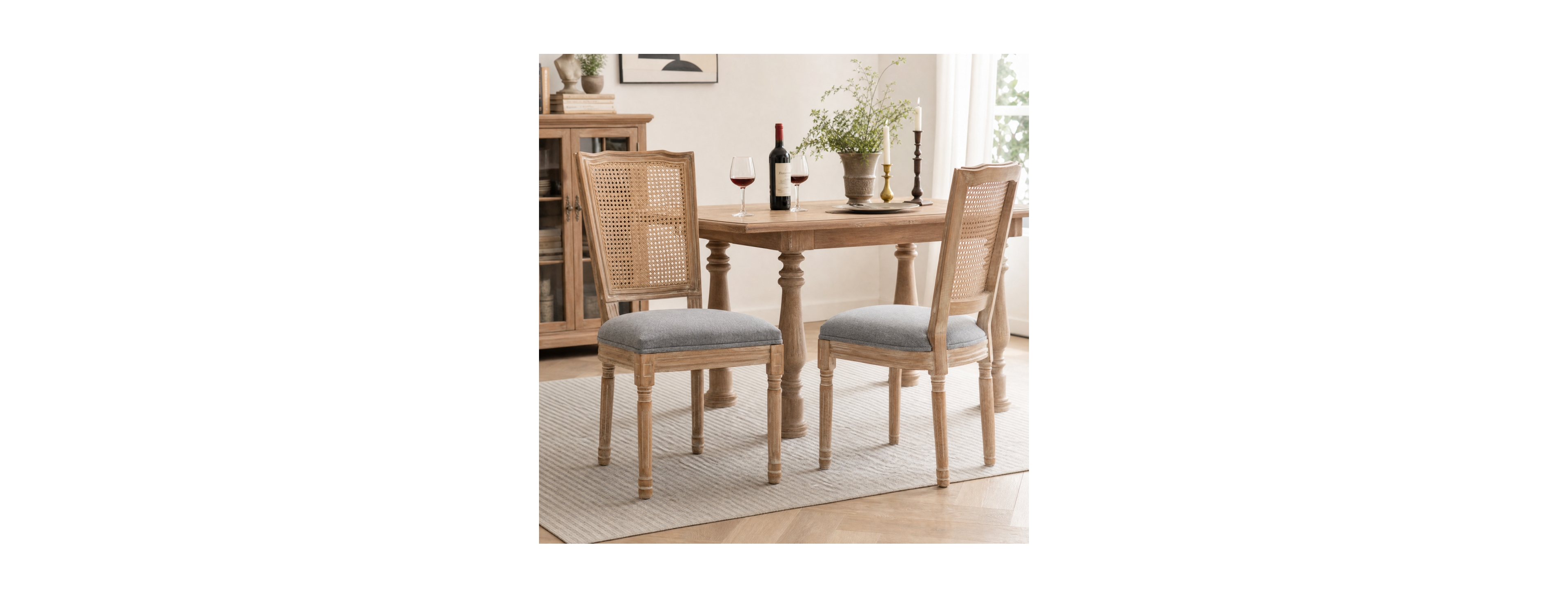 Streamdale Furniture Farmhouse Solid Wood Linen and Rattan Dining Chairs, Set of 2