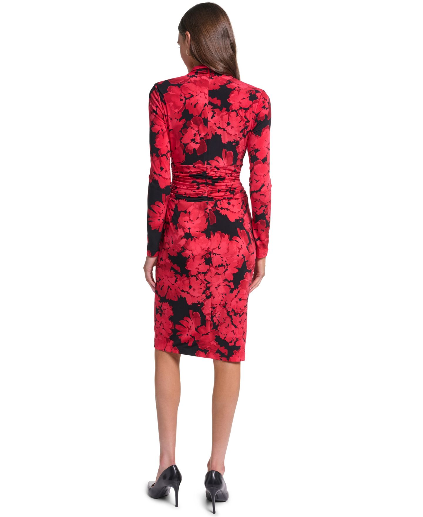 Женское платье Calvin Klein V-Neck Floral-Print Long-Sleeve Sheath, цвет: Чёрный красный — фото 4
