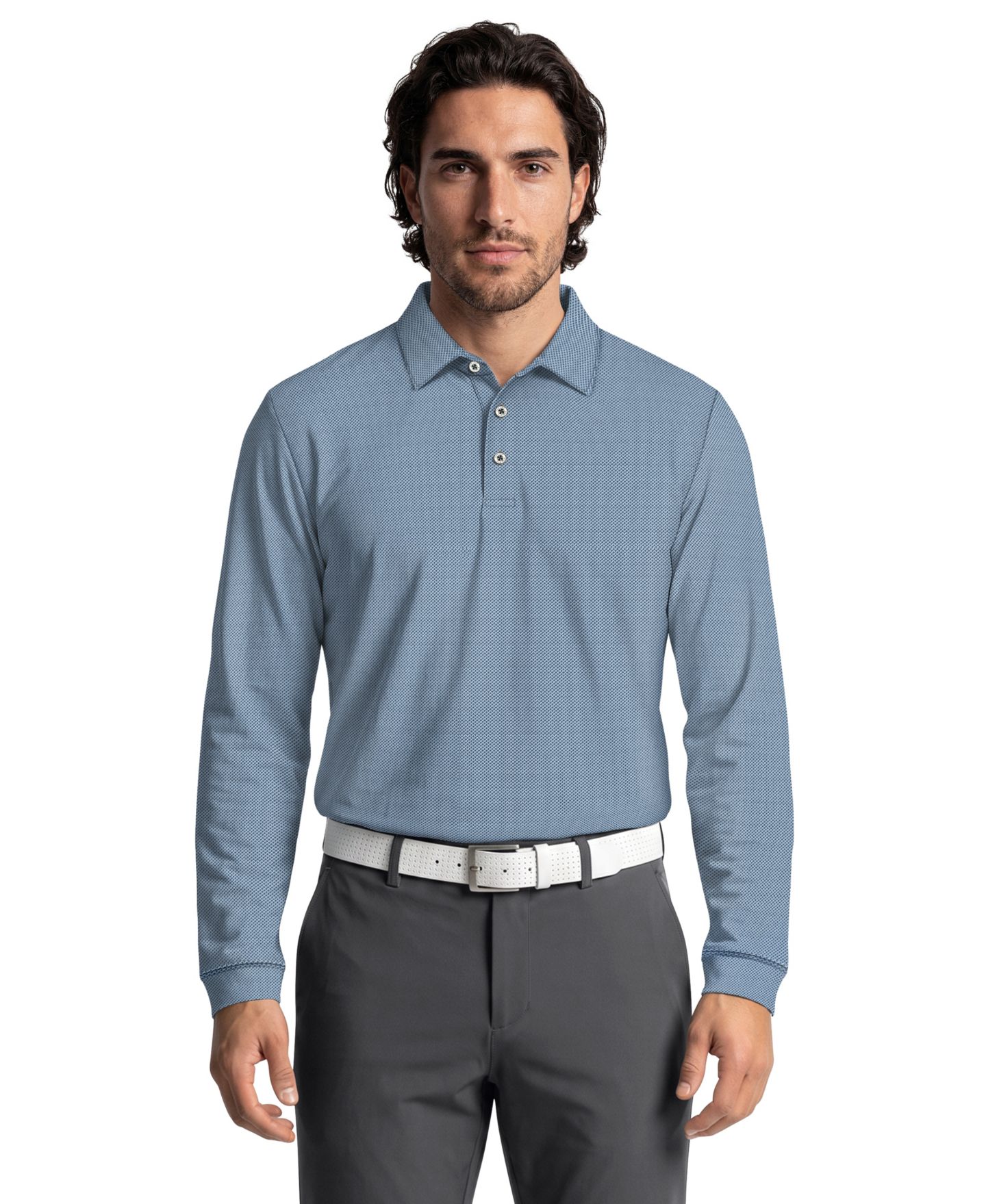 Мужское поло PGA TOUR Mini Diamond Jacquard Golf Long-Sleeve Polo Shirt, цвет: Синий теневой — фото 1