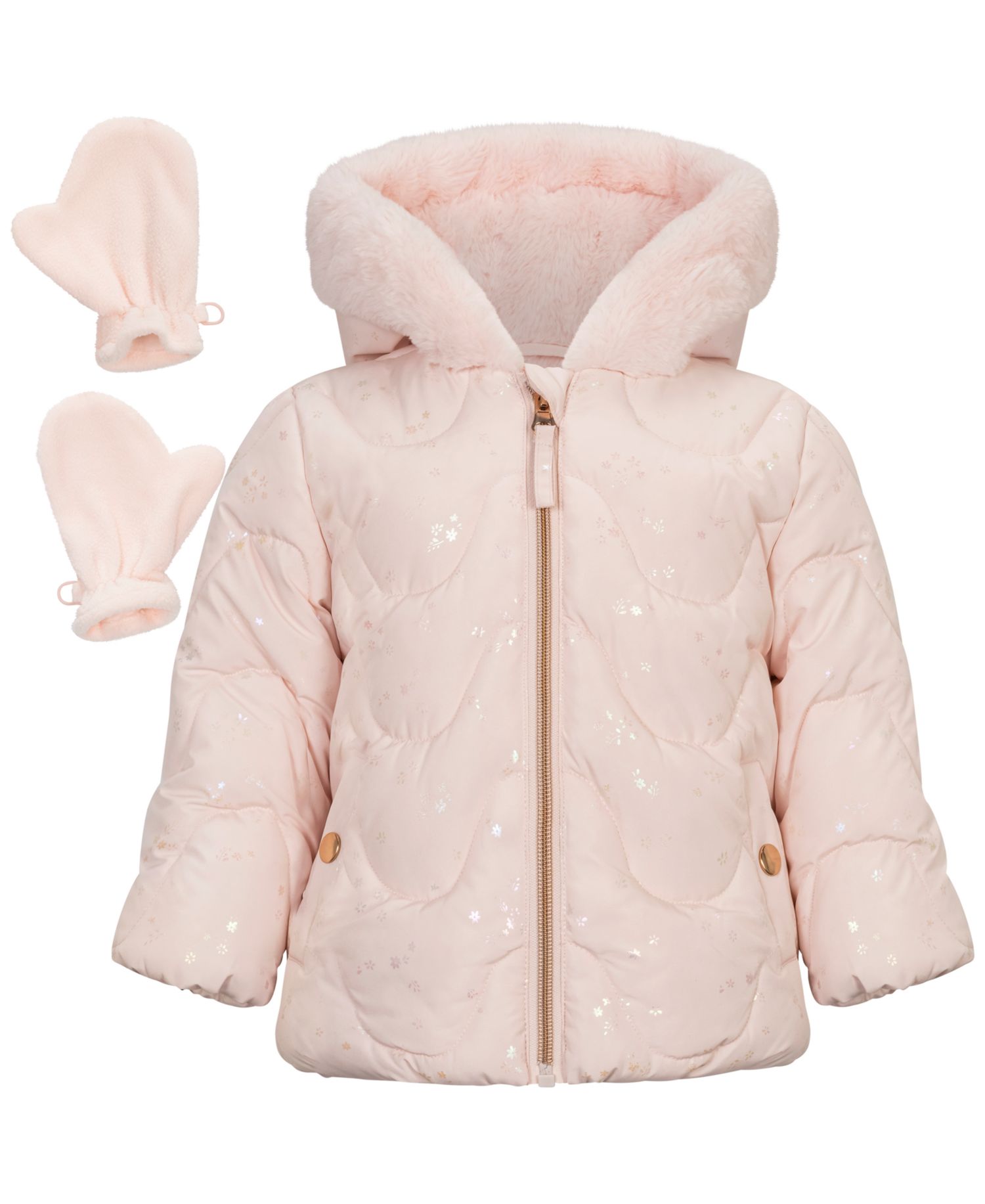 Baby Girls' Foil-Print Quilted Puffer Jacket and Mittens, 2-Piece Set