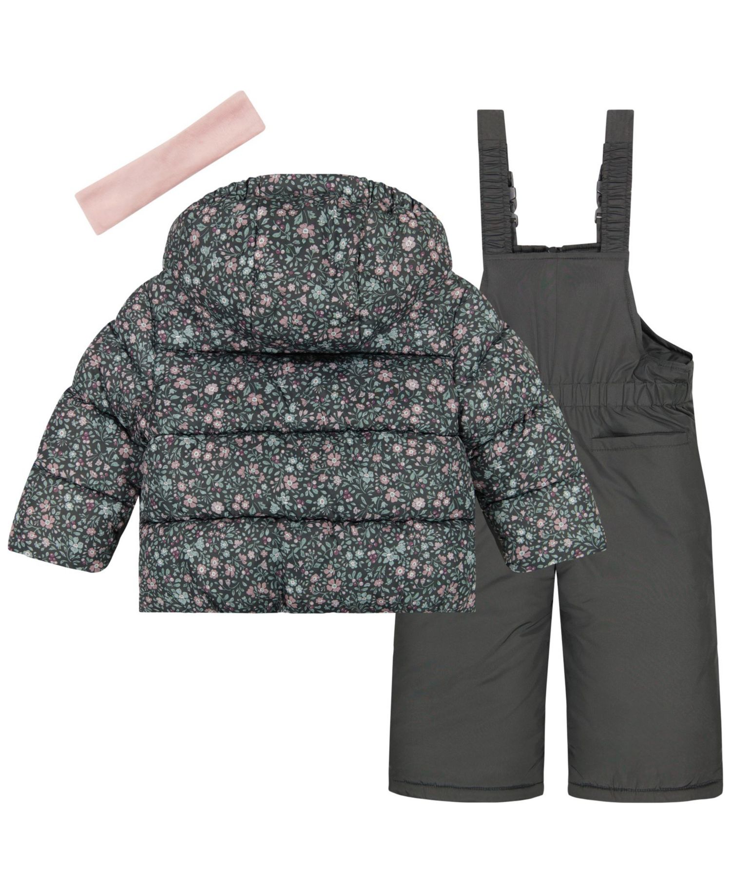 Baby Girls' Floral-Print Puffer Jacket, Ski Bib and Headband, 3-Piece Set