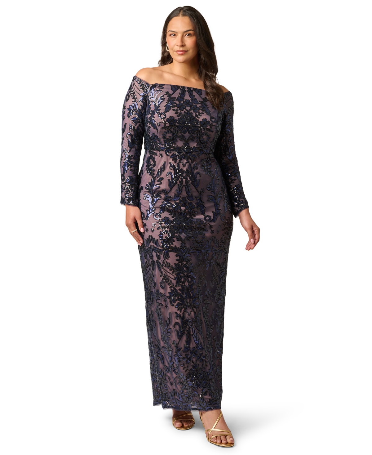Adrianna Papell Plus Sequin Off-the-Shoulder Gown
