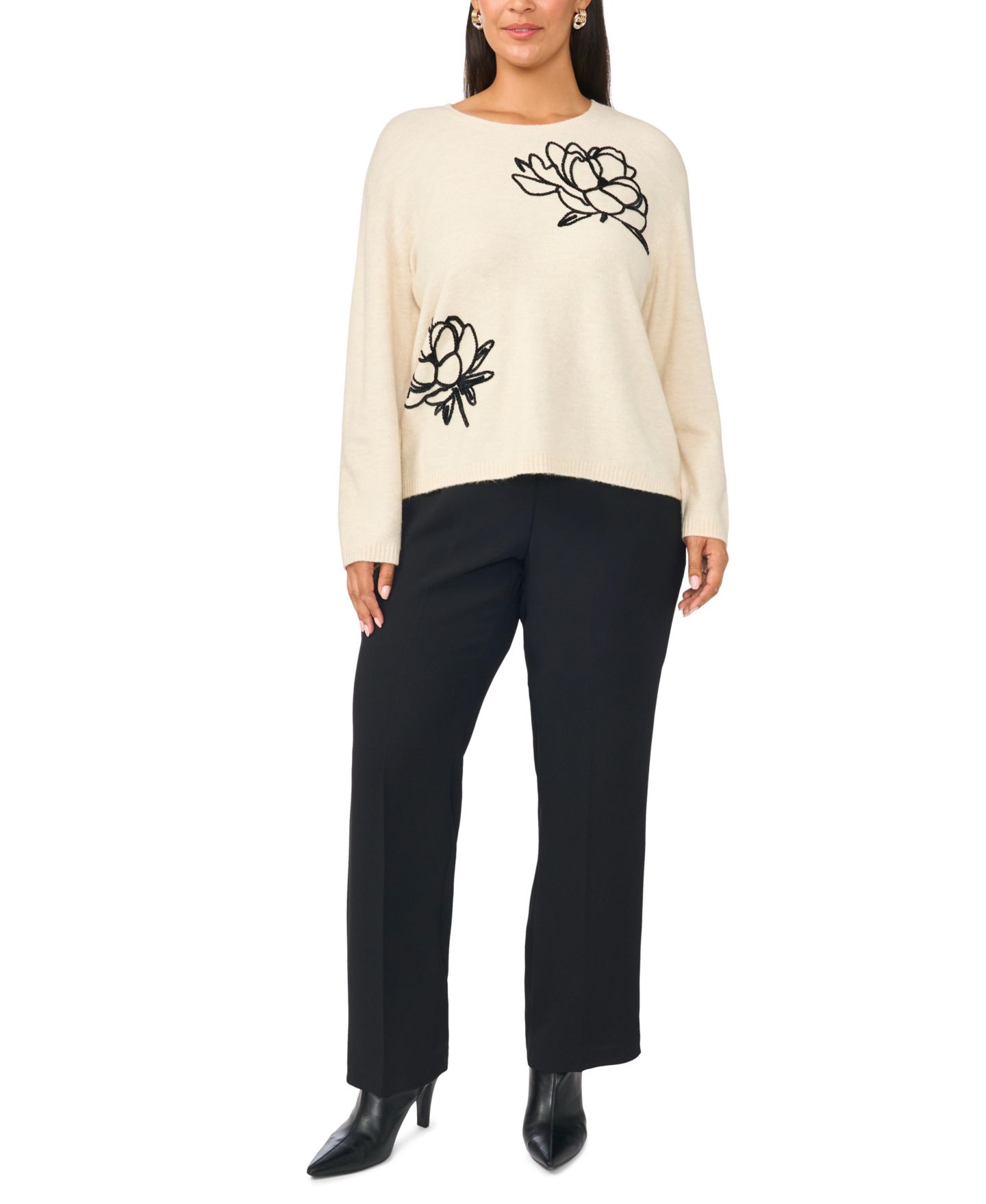 Женский свитер Vince Camuto Plus Size Long-Sleeve Crewneck Floral-Chenille Embroidery, цвет: Берёзовый — фото 2