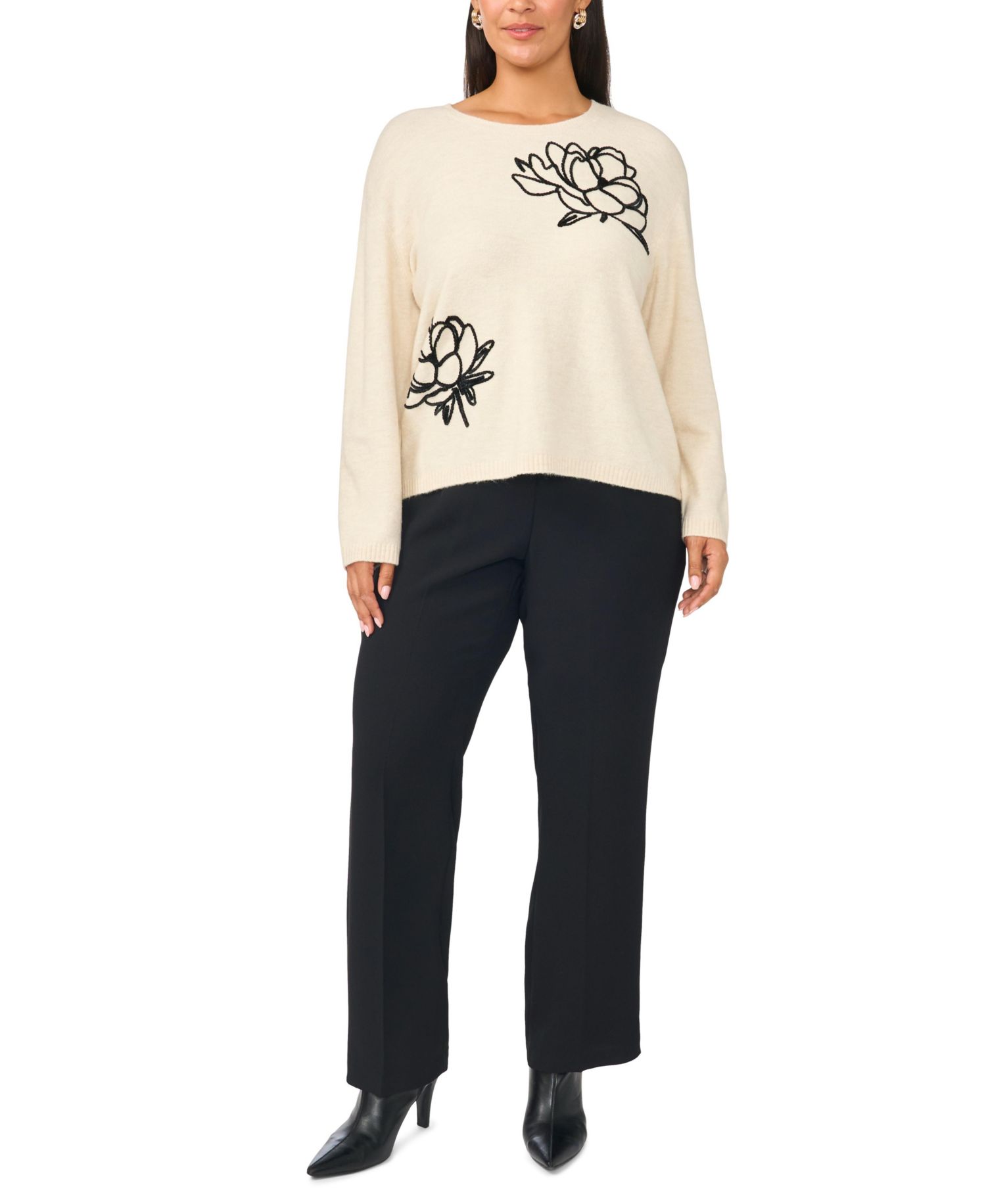 Plus Size Long-Sleeve Crewneck Floral-Chenille Embroidery Sweater