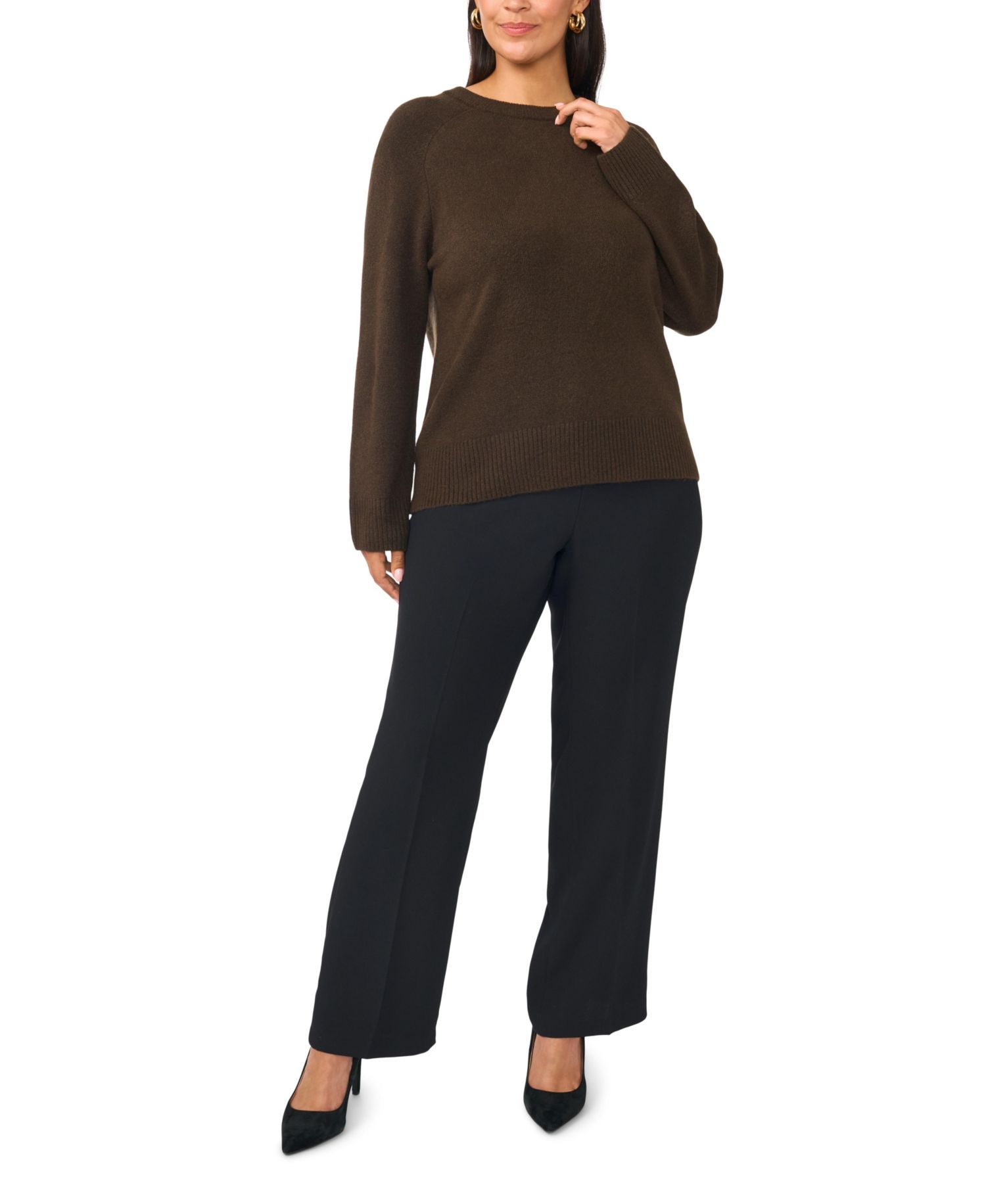 Plus Size Saddle Shoulder Ribbed Cuffs and Hem Crewneck Sweater