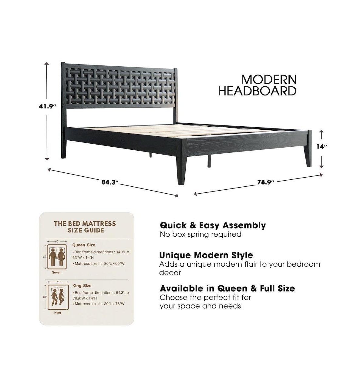 East West Furniture King Wooden Platform Bed Frame, Ebony Oak Finish, Morden Style
