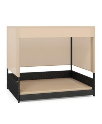 Elevated Wicker Dog House with Removable Cushion and Canopy Top for Small to Medium Breeds
