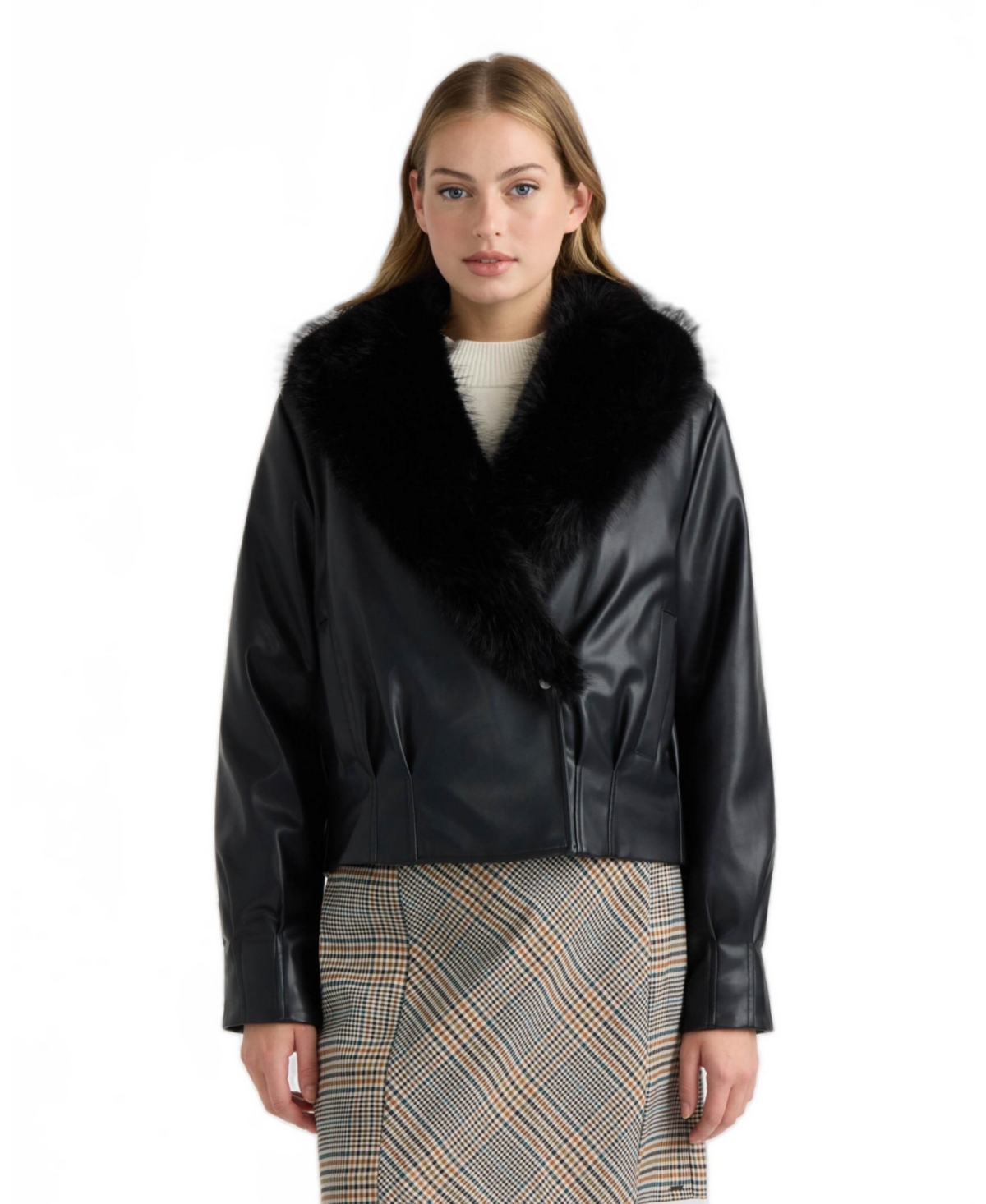 Nvlt Women's Leather Bomber Jacket with Faux Fur Collar - Black