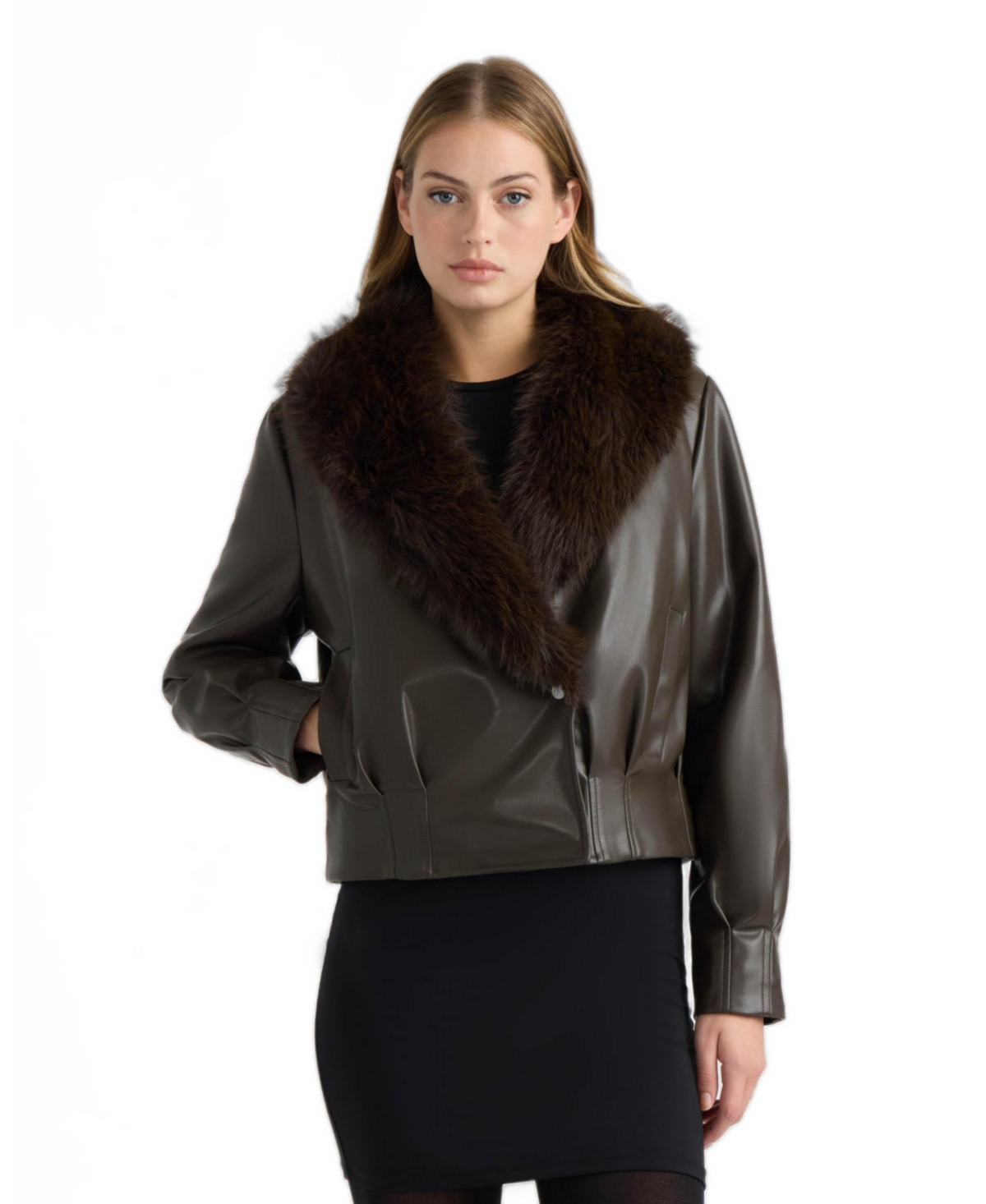 Nvlt Women's Leather Bomber Jacket with Faux Fur Collar - Espresso