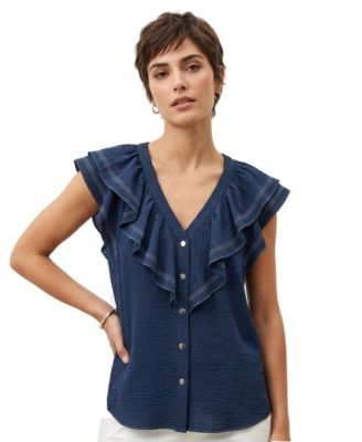 Women's Ruffle Sleeve V-Neck Woven Top