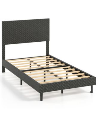 Twin Size Velvet Upholstered Platform Bed with Chevron Headboard and Adjustable Height