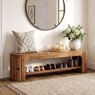 2 Tier Solid Wood Entryway Bench, 62.99'' Rustic Shoe Bench