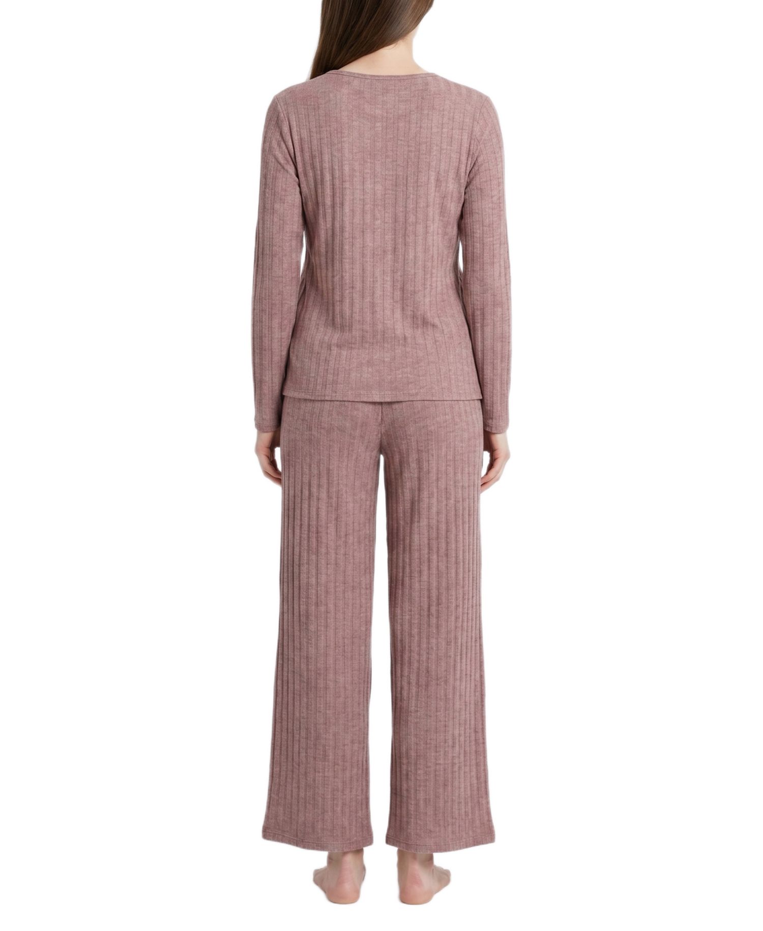 Women's Long-Sleeve Wide-Leg Cable-Jacquard Henley Top and Pant, 2-Piece Pajama Set