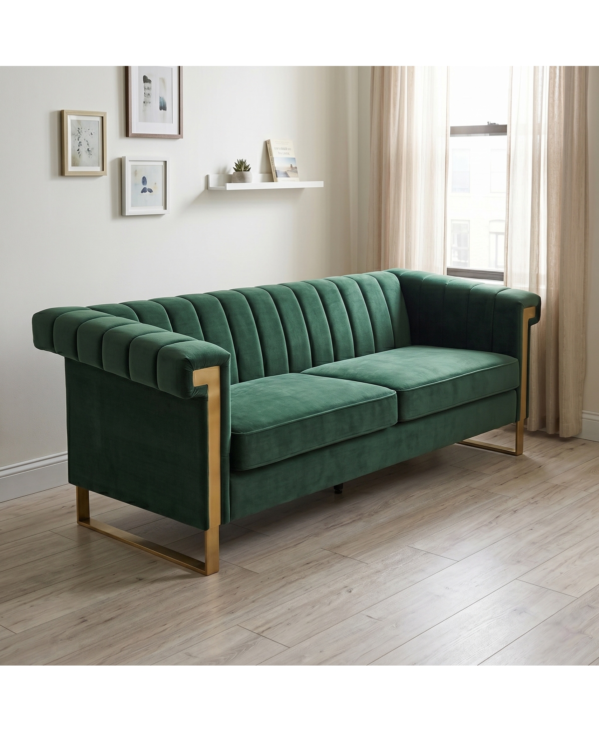 Streamdale Furniture Modern Retro Green Velvet 3-Seater Sofa with Gold Accents