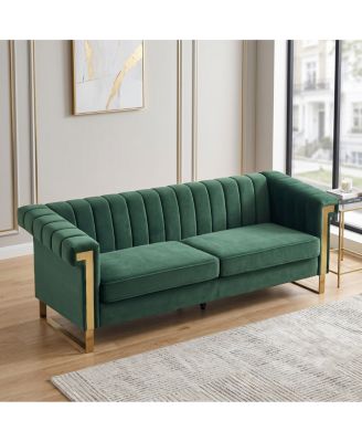  Modern Retro Green Velvet 3-Seater Sofa with Gold Accents