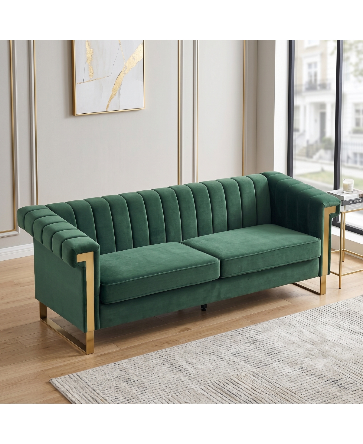 Streamdale Furniture Modern Retro Green Velvet 3-Seater Sofa with Gold Accents