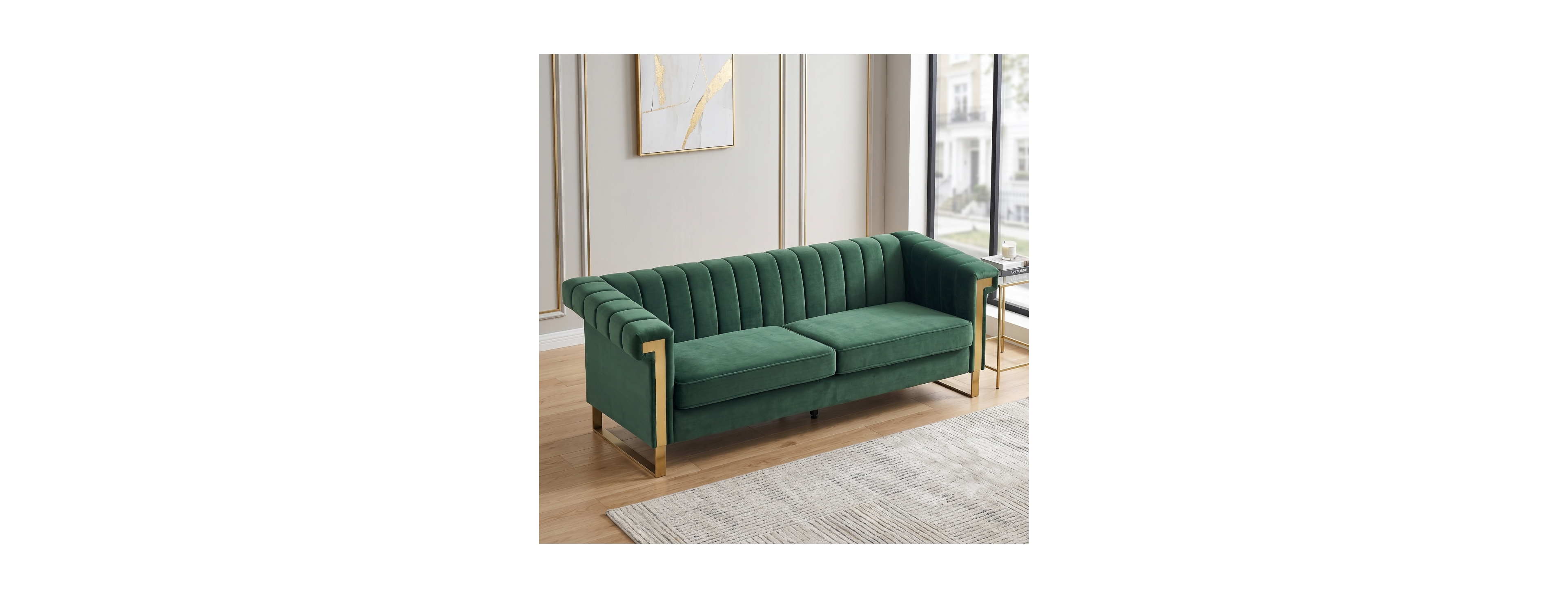 Streamdale Furniture Modern Retro Green Velvet 3-Seater Sofa with Gold Accents