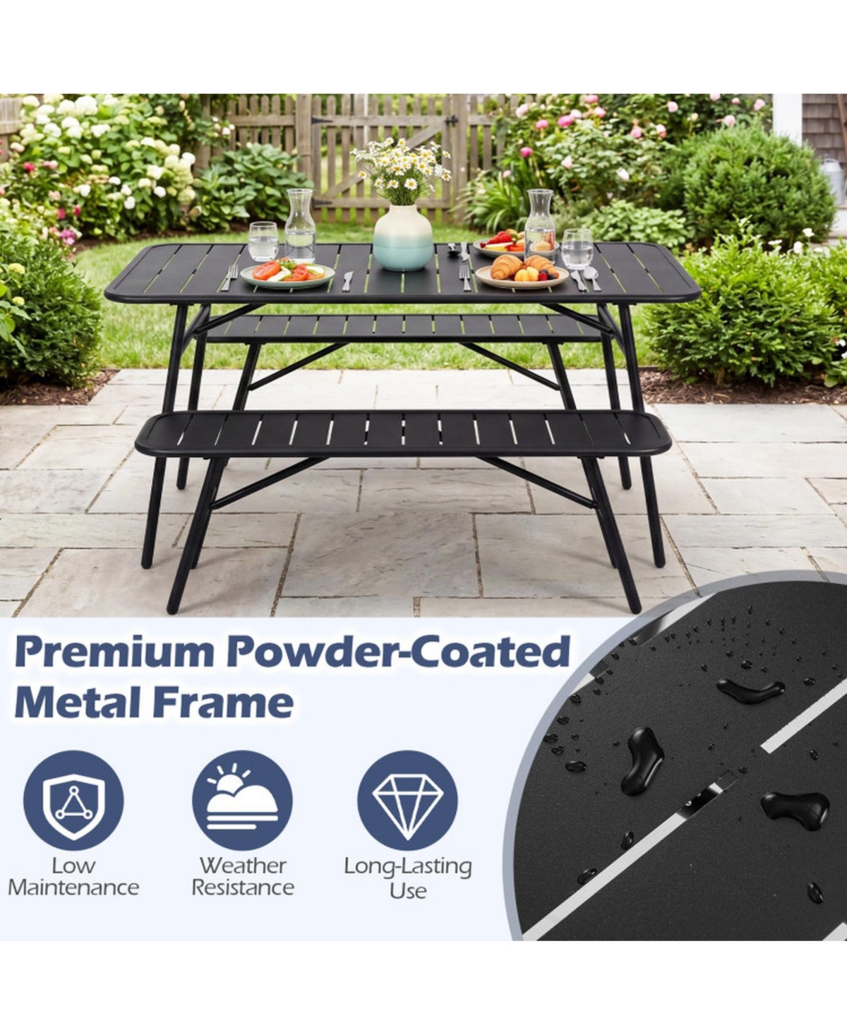 Sugift 3-Piece All-Metal Outdoor Dining Set with Slatted Table and 2 Benches