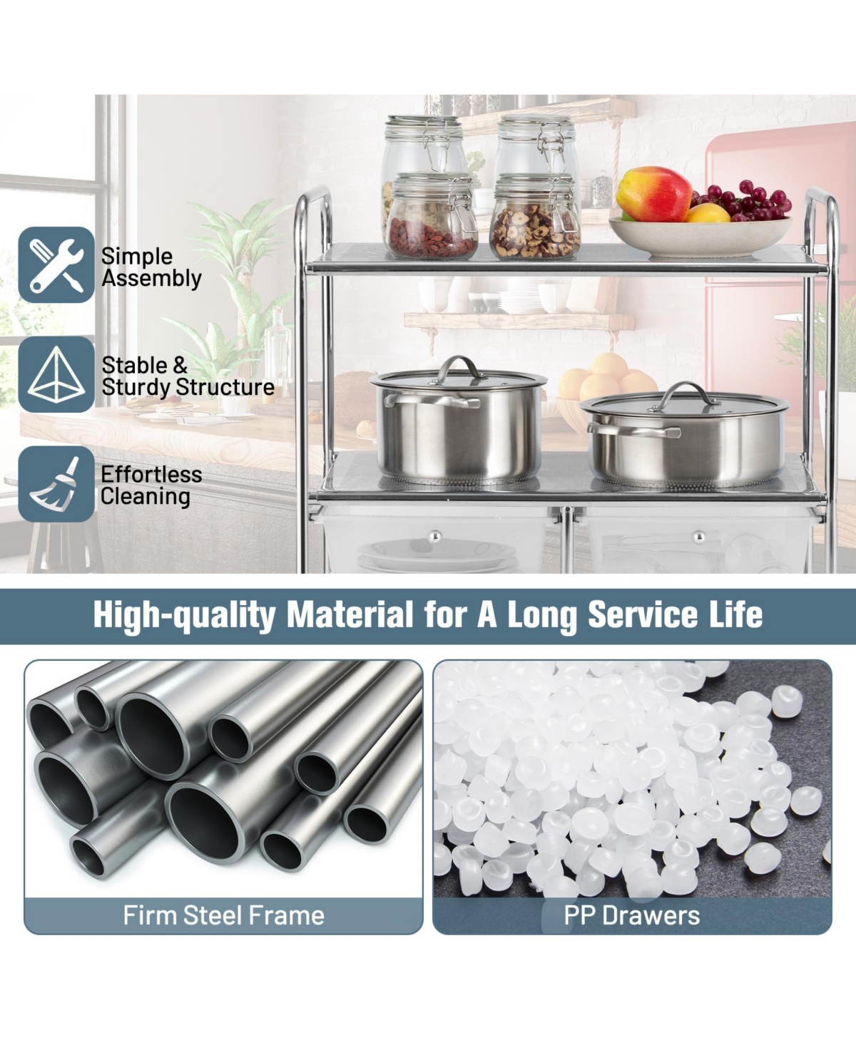 Mecale 4-Drawer Rolling Storage Cart with 2-Tier Open Shelf, Transparent