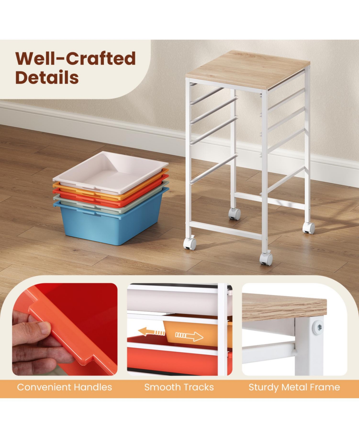 Mecale 5-Drawer Rolling Storage Cart with Wooden Tabletop