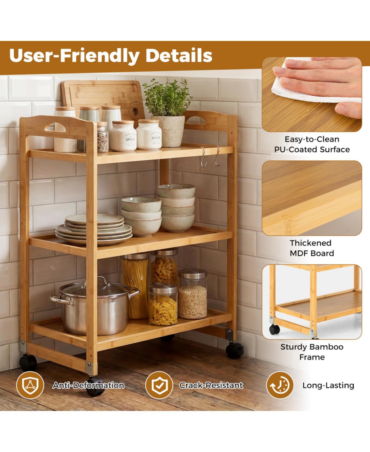 Mecale 3-Tier Bamboo Rolling Cart with Adjustable Shelves