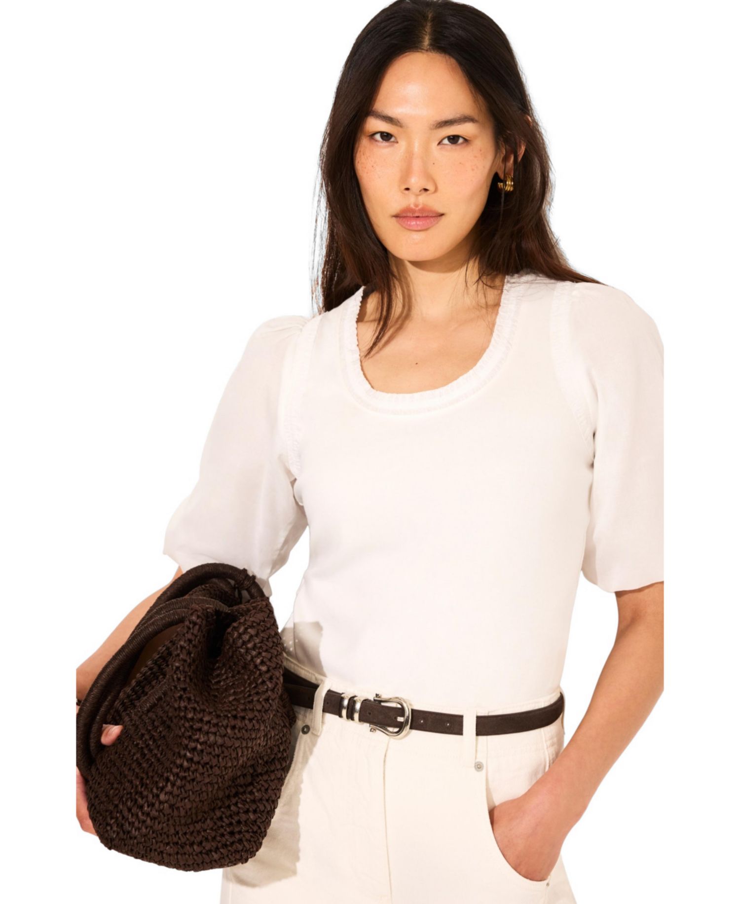 Women's Puff-Sleeve Scoop-Neck Top with Trim Detailing