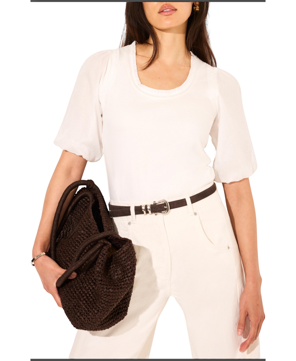 Mint Velvet Women's Puff-Sleeve Scoop-Neck Top with Trim Detailing