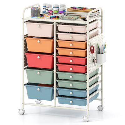 15-Drawer Rolling Storage Cart with Metal Tabletop and Pegboard Mobile Craft Organizer