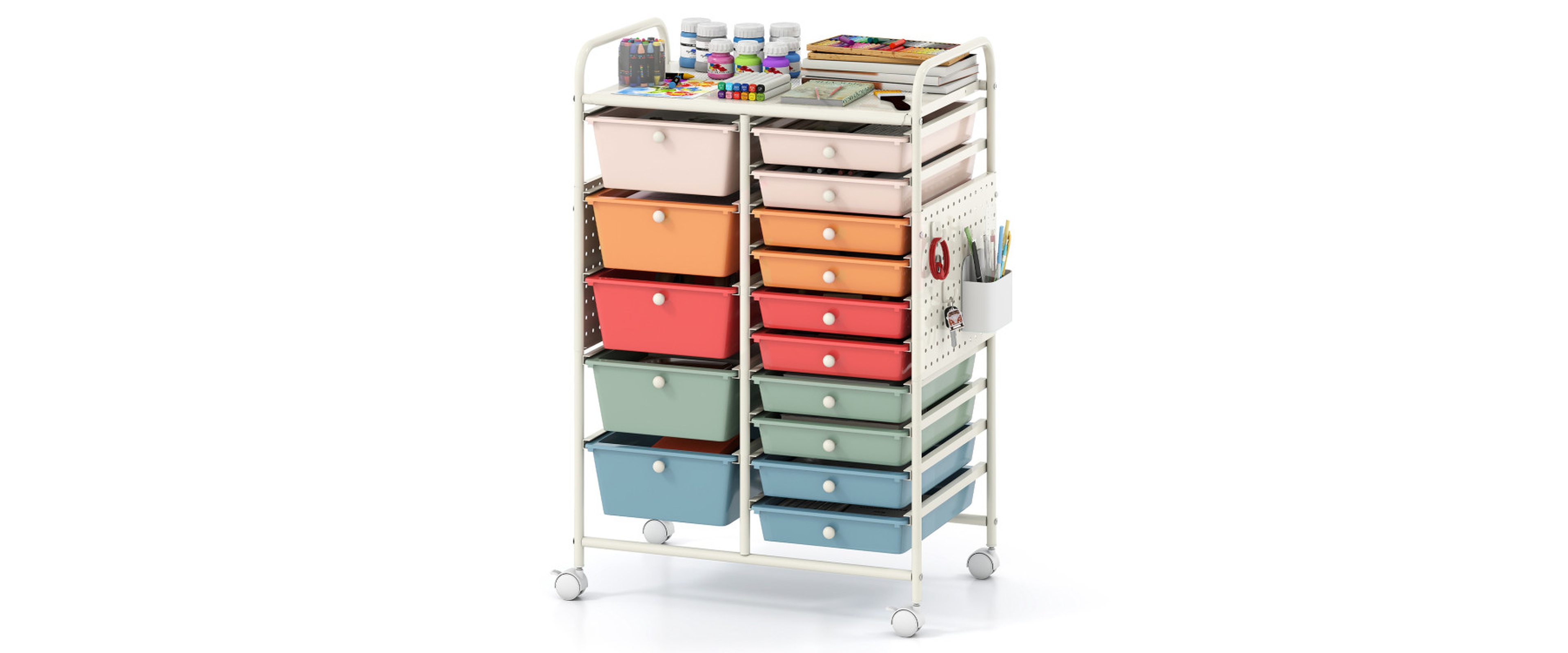 Sugift 15-Drawer Rolling Storage Cart with Metal Tabletop and Pegboard Mobile Craft Organizer