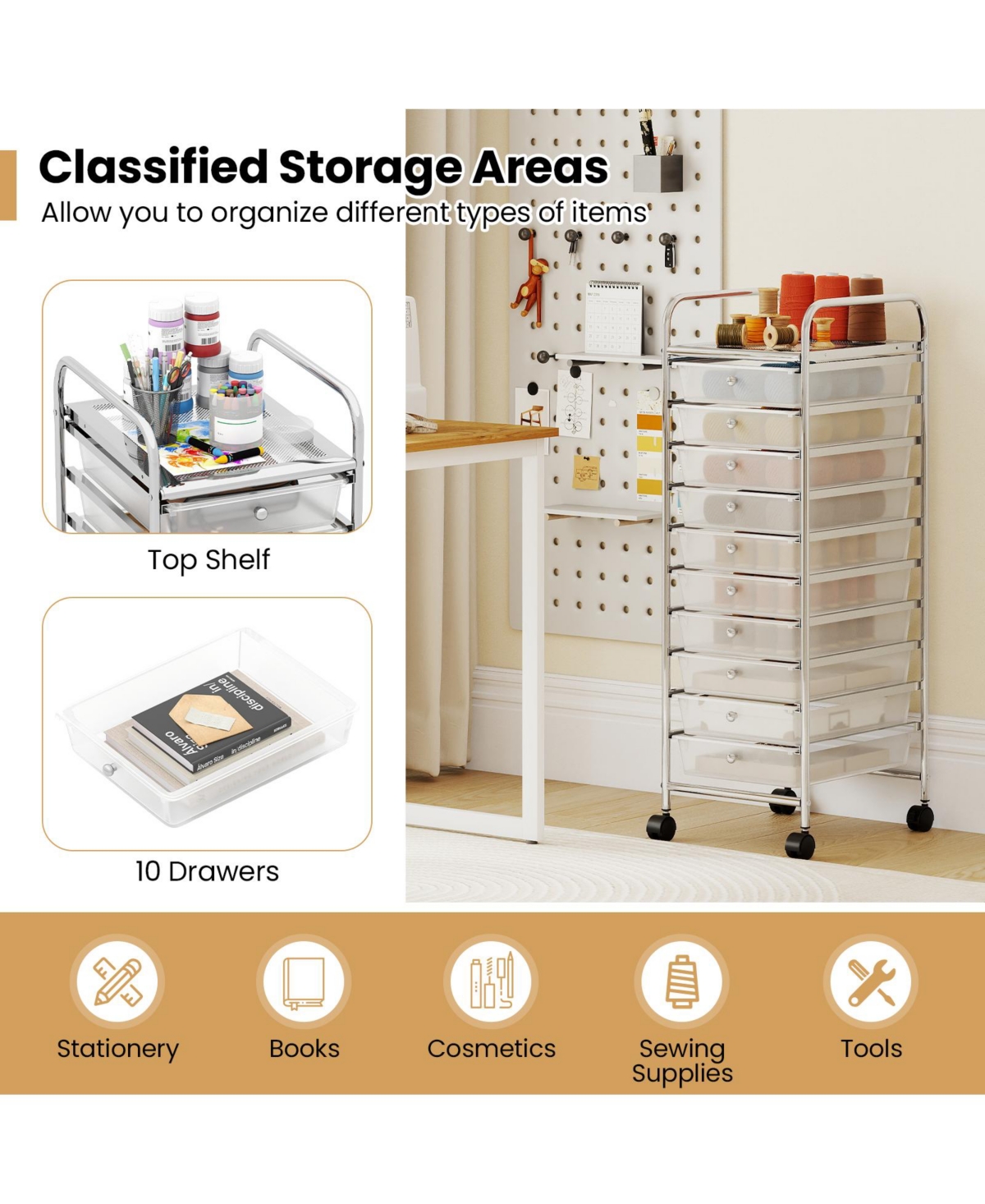 Mecale Slim 10-Drawer Rolling Cart with Chrome-Plated Frame