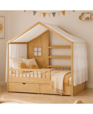  Montessori Kids Full Floor Bed with Roof, Guardrails and 2 Drawers