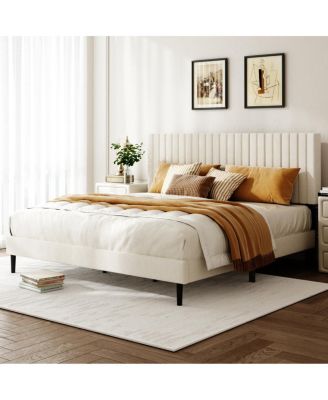 King Size Velvet Upholstered Platform Bed with Adjustable Headboard